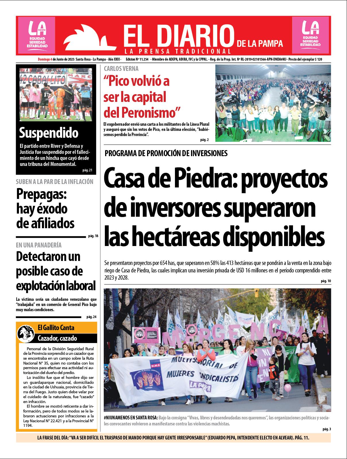 Tapa de El Diario en papel  domingo 04 de junio de 2023